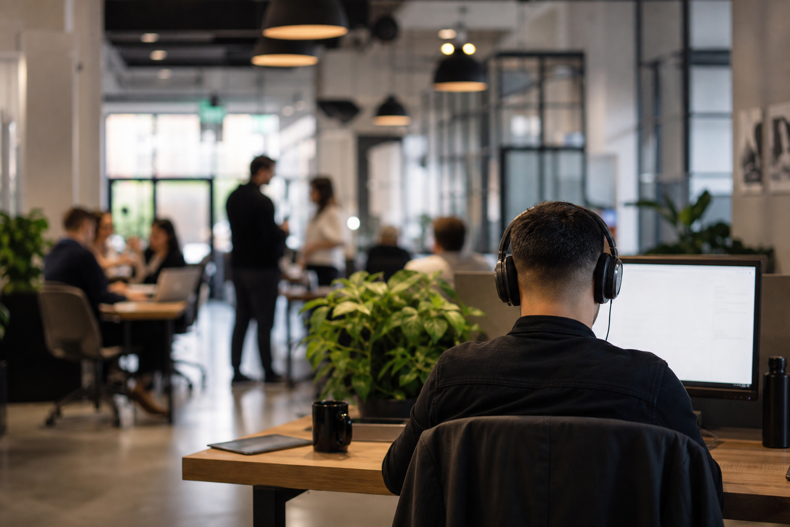 Bruit et concentration en espace de coworking — un coworker              travaille avec un casque antibruit en open space