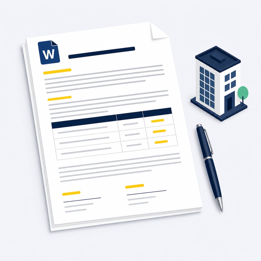 Illustration d'un modèle de contrat de coworking au format Word, avec champs à compléter surlignés