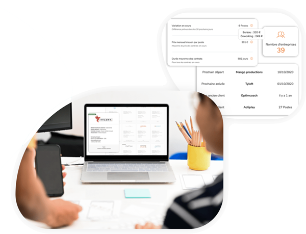 Deux images : la 1ère, 2 personnes regardent un ordinateur sur lequel est ouverte l'application Tydeck / Sur la 2ème capture d'écran, on voit l'application TYDECK (nombres d'entreprises, informations sur les clients) 
