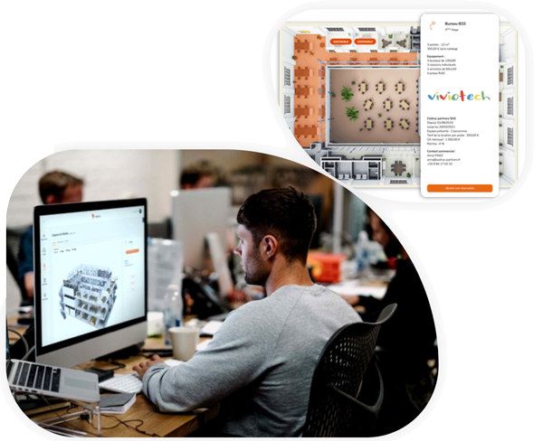 Deux images superposées : sur la 1 ère, un homme est face à son ordinateur et consulte les plans de son espace de coworking sur l'application TYDECK. Sur la deuxième on y voit une capture d'écran de l'application qui montre le plan en 2D d'un espace 