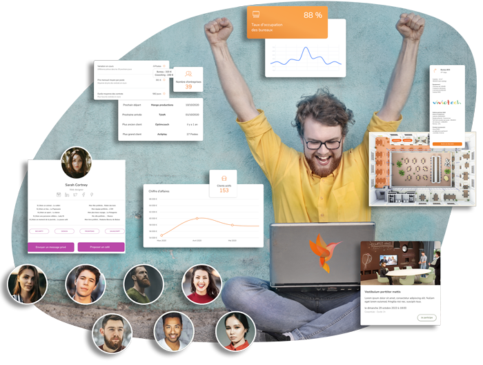 Image d'un homme joyeux avec des captures d'écran de l'application Tydeck : taux d'occupation, graphiques du chiffres d'affaires, plans en 2D, fiche client,informations sur les salles de réunions, photos des équipes...) 
